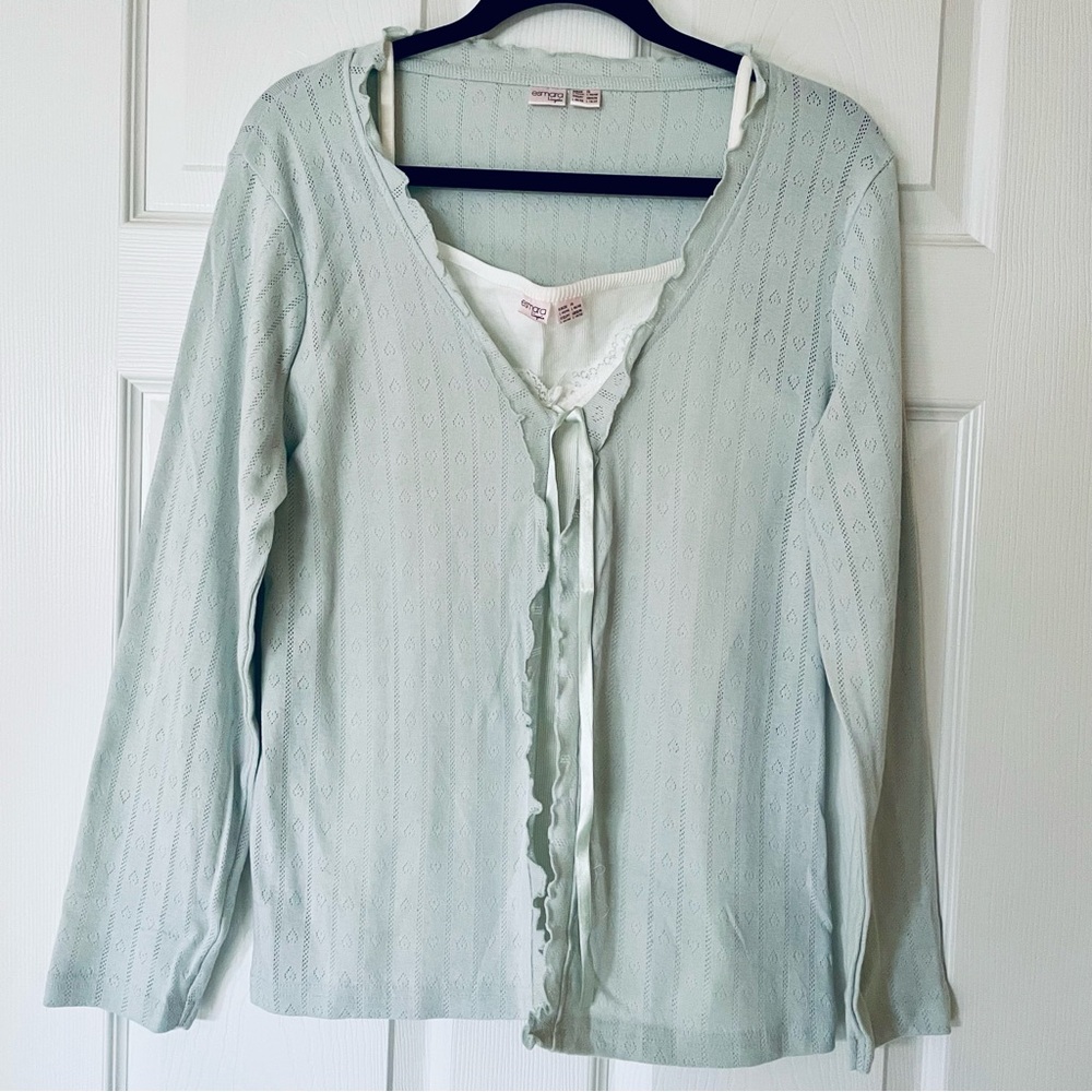 Esmara Pointelle Cardigan & Camisole Set | Sage Green & White | Size L